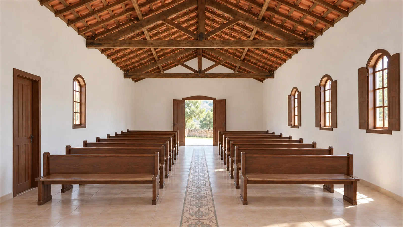 Nave da capela, do altar para a entrada — Projeto Igreja Pousada