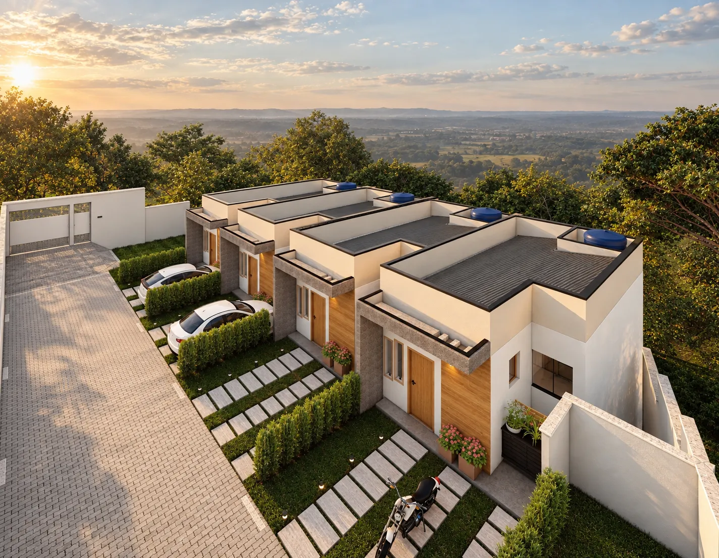 Fachadas e acessos — renderização do projeto Vista do Vale, quatro unidades