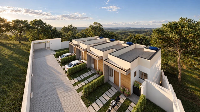 Fachadas e acessos — renderização do projeto Vista do Vale, Electo Maciel Construtora