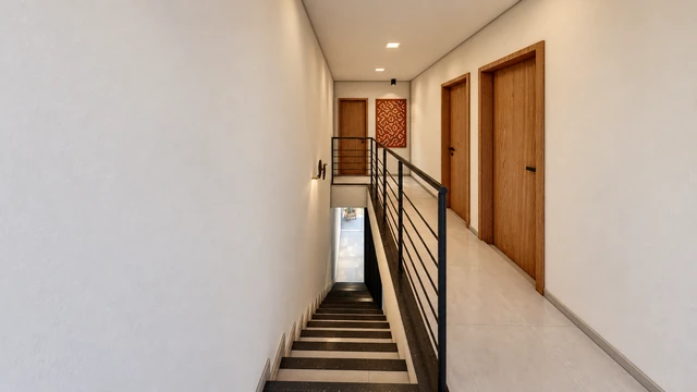 Circulação e escada — renderização do projeto Vista do Vale, Electo Maciel Construtora