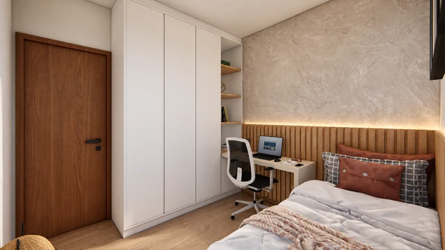 Quarto — renderização do projeto Vista do Vale, Electo Maciel Construtora
