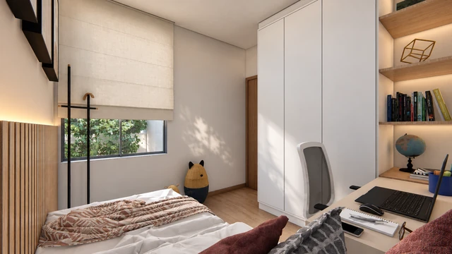 Quarto — renderização do projeto Vista do Vale, Electo Maciel Construtora