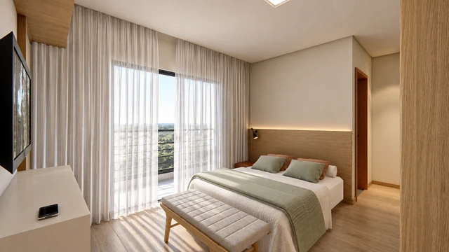 Suíte — renderização do projeto Vista do Vale, Electo Maciel Construtora
