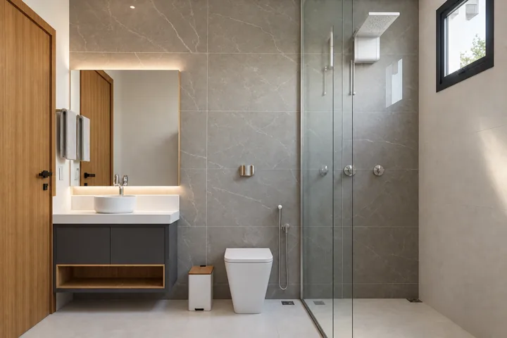Banheiro — revestimento cinza — Projeto Y&P