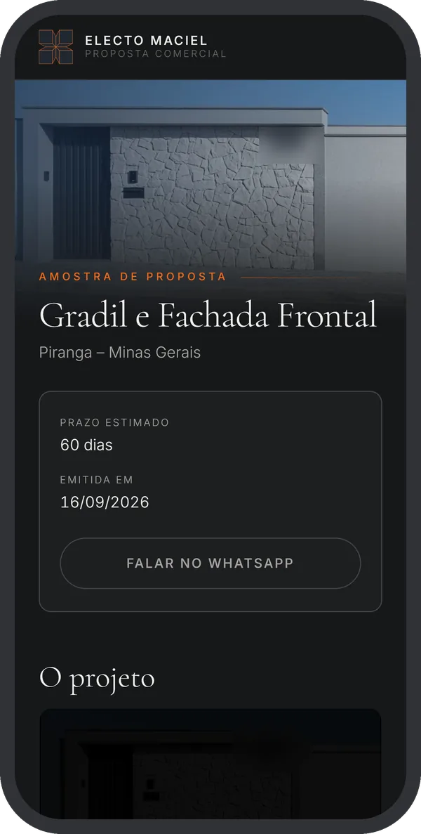 Celular mostrando uma proposta em link: foto da fachada, título da obra, prazo e botão de WhatsApp